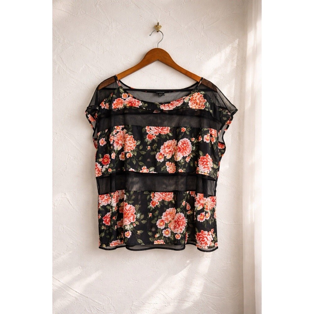 Floral Sheer Mesh Blouse Womens Size 00 Black Red Layered Festival Top